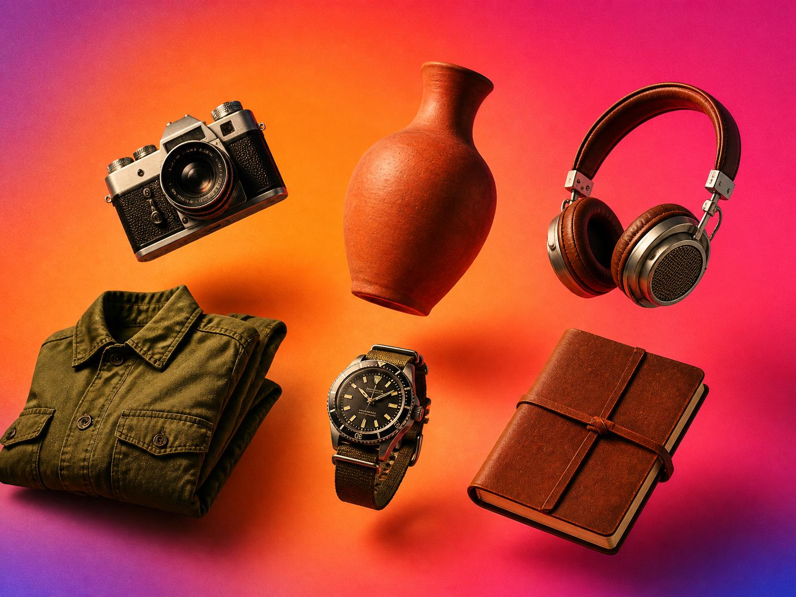 A curated arrangement of second-hand objects: vintage camera, ceramic vase, headphones, watch, folded jacket, and leather notebook on a sunset gradient background.
